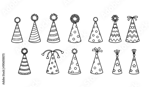 Festive party hats hand drawn doodle vector set with funny outline celebration elements