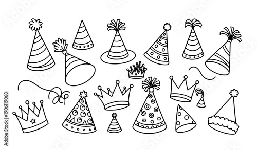Funny doodle party hat outline collection with hand drawn celebration headwear vectors