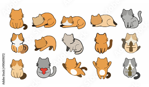 Cute cartoon cat vector set in simple childish style with playful kitten poses for notebooks and cards