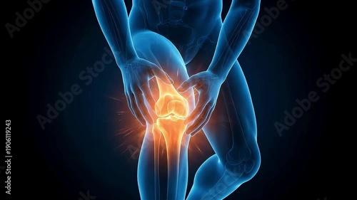 3D medical animation of a knee being held with severe knee pain and joint inflammation