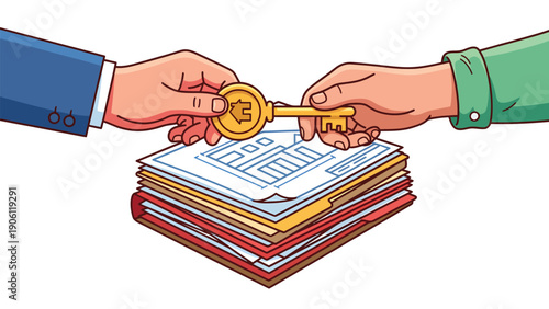 Hands Exchanging Golden Key & Documents: Property Ownership Transfer, Business Deal, or Important Transaction