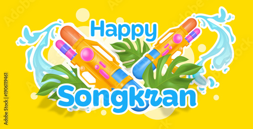 Happy Songkran Festival Illustration with Colorful Water Guns and Tropical Leaves. Thai Water Festival Banner Template