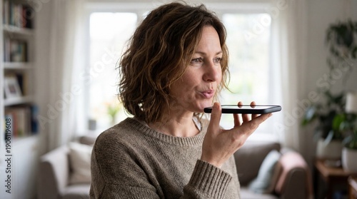 Woman speaking to smartphone using voice assistant at home, dictation and hands free communication, modern digital lifestyle, casual portrait in bright living room interior