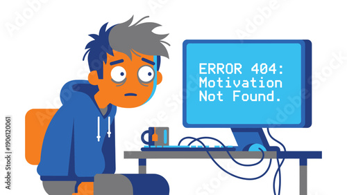 Tired person at computer with 'Error 404: Motivation Not Found' message. Burnout, procrastination, and mental fatigue concept.