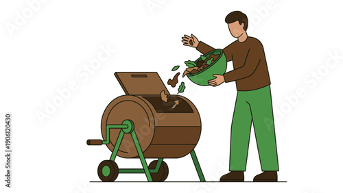 Man composting organic waste in a rotating tumbler. Eco-friendly home recycling and sustainable living concept.