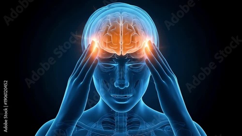 Female anatomical model holding her temples, showing brain discomfort caused by migraine or stress