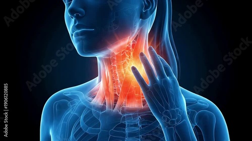 3D medical animation visualizing a woman's sore throat and neck inflammation