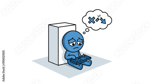 Frustrated blue cartoon character with keyboard, thinking about errors and failure