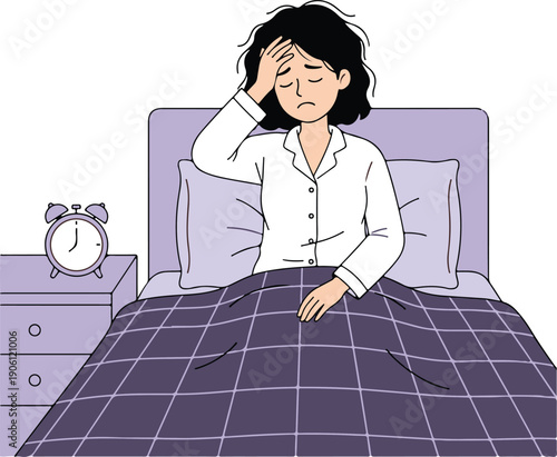 woman waking up in bed with a headache, narrative and clinical vector illustration