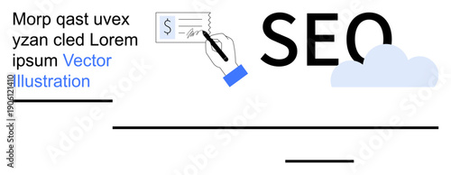Search engine optimization, digital marketing, cloud technology, online workflow, productivity tools, signature process. A hand signing a document with SEO and a cloud icon. SEO and digital marketing