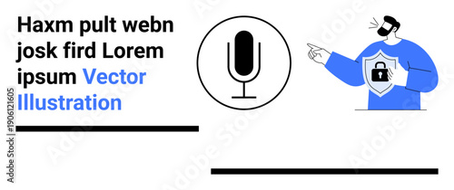 Data security, cybersecurity, communication, digital safety, online privacy, podcasting. A man with a shield icon points to a microphone. Cybersecurity and communication are key