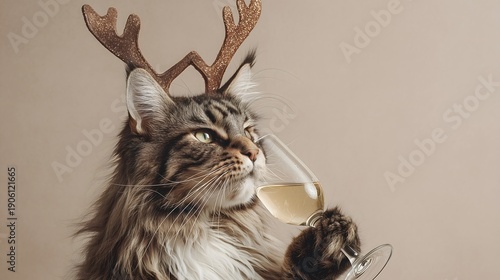 Cat with Reindeer Antlers and Champagne Glass