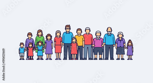 Diverse group of people of different ages standing together.