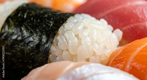 Close-up of Various Sushi Types Featuring Rice, Seaweed, and Fresh Seafood, Celebrating Japanese Cuisine and Culinary Artistry.