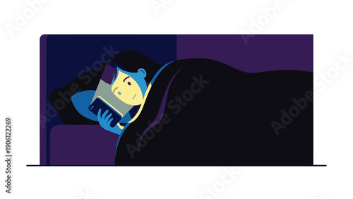Sleepless person in bed scrolling smartphone at night, face lit by screen glow. Digital addiction concept.