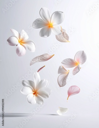 White and pink frangipani flowers and petals floating gracefully in the air.