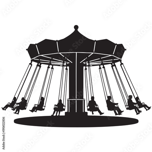 Black and white illustration of a carnival swing ride with silhouetted people enjoying the thrilling amusement