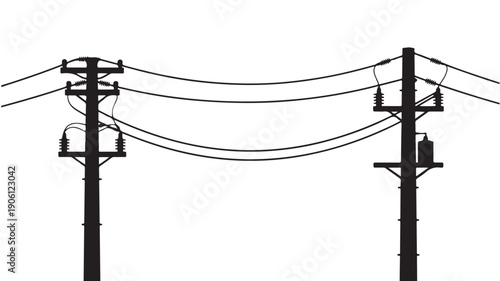 Black and white minimalist illustration of power lines and utility poles against a stark background