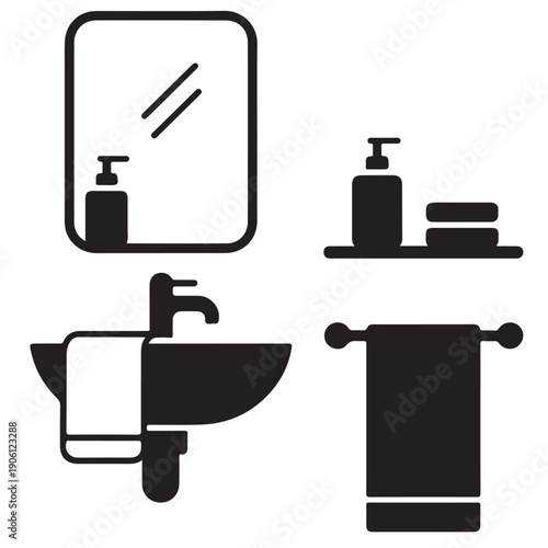 Black and white silhouette illustrations of bathroom fixtures including a sink, mirror, and towel rack with amenities