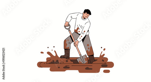Determined man struggles while digging deep into thick brown mud puddle using a large metal shovel