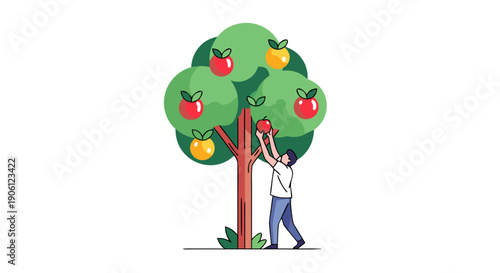 Young man reaching up high to carefully pick a ripe red apple directly from the lush green tree