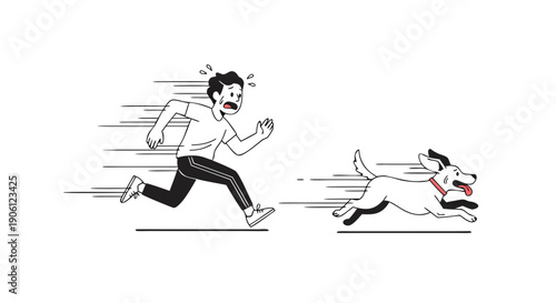 Man desperately running away from a fast chasing dog showing panic and frantic motion in cartoon style