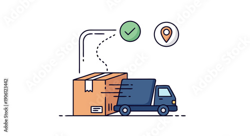 Cartoon delivery truck moving a package illustrating successful tracking and final destination arrival confirmation