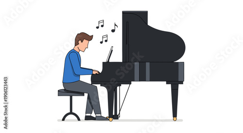Musician passionately playing a grand piano creating beautiful music notes floating in the air