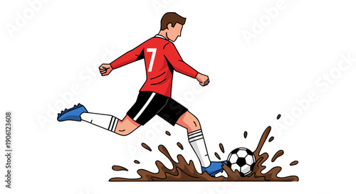 Stylized illustration of a dedicated soccer player kicking a ball forcefully through deep mud puddles
