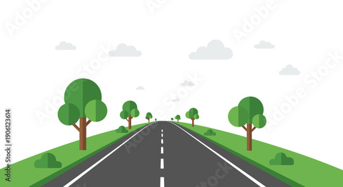 A long straight empty road disappears into the horizon flanked by green grass and stylized trees.