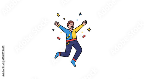 Joyful cartoon man jumping high in the air surrounded by colorful confetti celebrating a major achievement