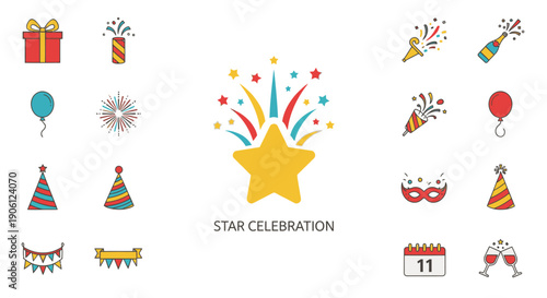 Vibrant party icons and celebration elements surrounding a glowing star, viewed from directly above in a festive atmosphere