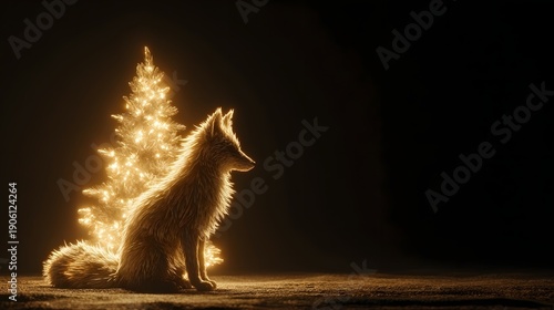 Golden Fox Sits by Illuminated Christmas Tree