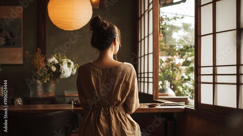 Woman Gazing Out Window in Tranquil Japanese Tea Room