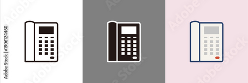 固定電話アイコン3点セット、ビジネス連絡・コールセンター用途向けフラットベクター、アウトライン強調・ミニマルデザイン