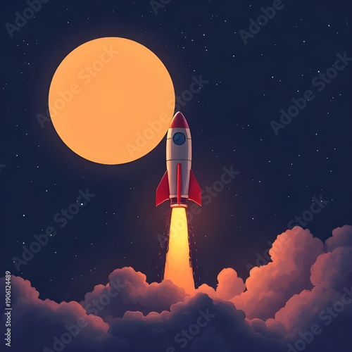 rocket, sky, space, cartoon, background, launch, spaceship, spacecraft, stars, clouds, galaxy, universe, science, technology, future, fantasy, adventure, exploration, illustration, vector, graphic, de