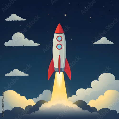 rocket, sky, space, cartoon, background, spaceship, launch, flight, stars, clouds, galaxy, universe, cosmic, science, technology, future, fantasy, adventure, exploration, illustration, vector, graphic