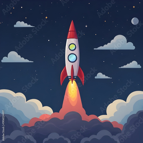 rocket, sky, space, cartoon, background, spaceship, launch, flight, stars, clouds, galaxy, universe, cosmic, science, technology, future, fantasy, adventure, exploration, illustration, vector, graphic