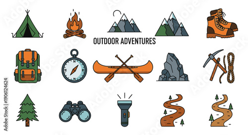 Outdoor adventure icons set featuring camping, hiking, and exploration elements