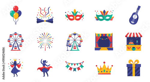 Vibrant Illustrations of Party Accessories and Entertainment Elements on a White Background