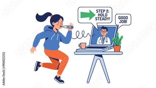 Woman exercising at home with telemedicine doctor guidance. Digital health monitoring and online fitness coaching via laptop.