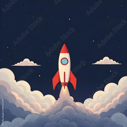 rocket, sky, space, cartoon, background, spaceship, launch, flight, stars, clouds, galaxy, universe, cosmic, science, technology, future, fantasy, adventure, exploration, illustration, vector, graphic