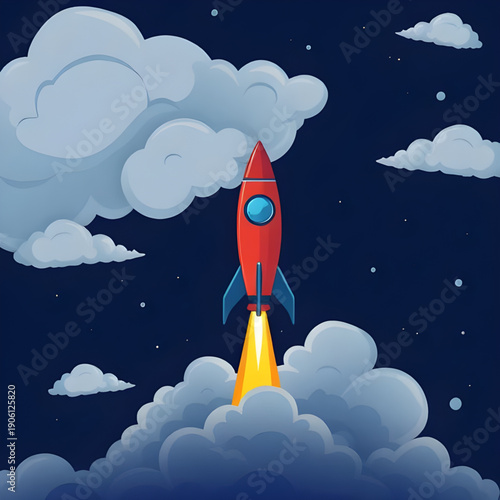 rocket, sky, space, cartoon, background, spaceship, launch, flight, stars, clouds, galaxy, universe, cosmic, science, technology, future, fantasy, adventure, exploration, illustration, vector, graphic