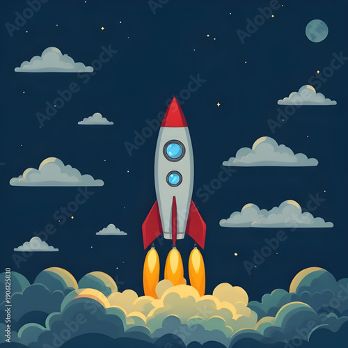 rocket, sky, space, cartoon, background, launch, spaceship, spacecraft, stars, clouds, galaxy, universe, cosmic, science, technology, future, fantasy, adventure, exploration, journey, illustration, ve