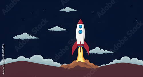 rocket, sky, space, cartoon, background, spaceship, launch, flight, stars, clouds, galaxy, universe, cosmic, science, technology, future, fantasy, adventure, exploration, journey, illustration, vector