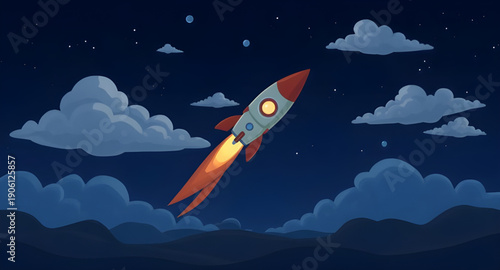 rocket, sky, space, cartoon, background, spaceship, launch, flight, stars, clouds, galaxy, universe, cosmic, science, technology, future, fantasy, adventure, exploration, journey, illustration, vector