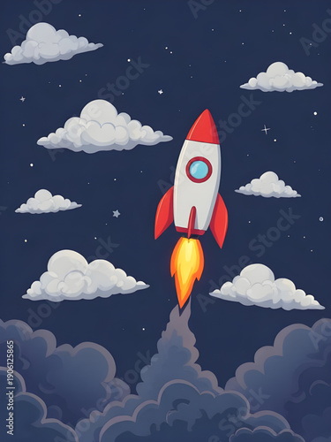 rocket, sky, space, cartoon, background, launch, spaceship, spacecraft, stars, clouds, galaxy, universe, science, technology, future, fantasy, adventure, exploration, illustration, vector, graphic, de