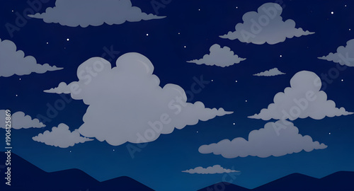 night, landscape, vector, illustration, scenery, nature, sky, dark, crescent, moon, stars, constellation, silhouette, mountains, hills, forest, trees, lake, reflection, horizon, clouds, calm, peaceful