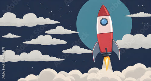 rocket, sky, space, cartoon, background, launch, spaceship, spacecraft, stars, clouds, galaxy, universe, science, technology, future, fantasy, adventure, exploration, illustration, vector, graphic, de