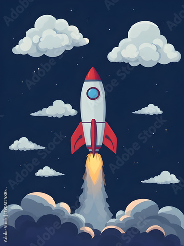 rocket, sky, space, cartoon, background, launch, spaceship, spacecraft, stars, clouds, galaxy, universe, science, technology, future, fantasy, adventure, exploration, illustration, vector, graphic, de